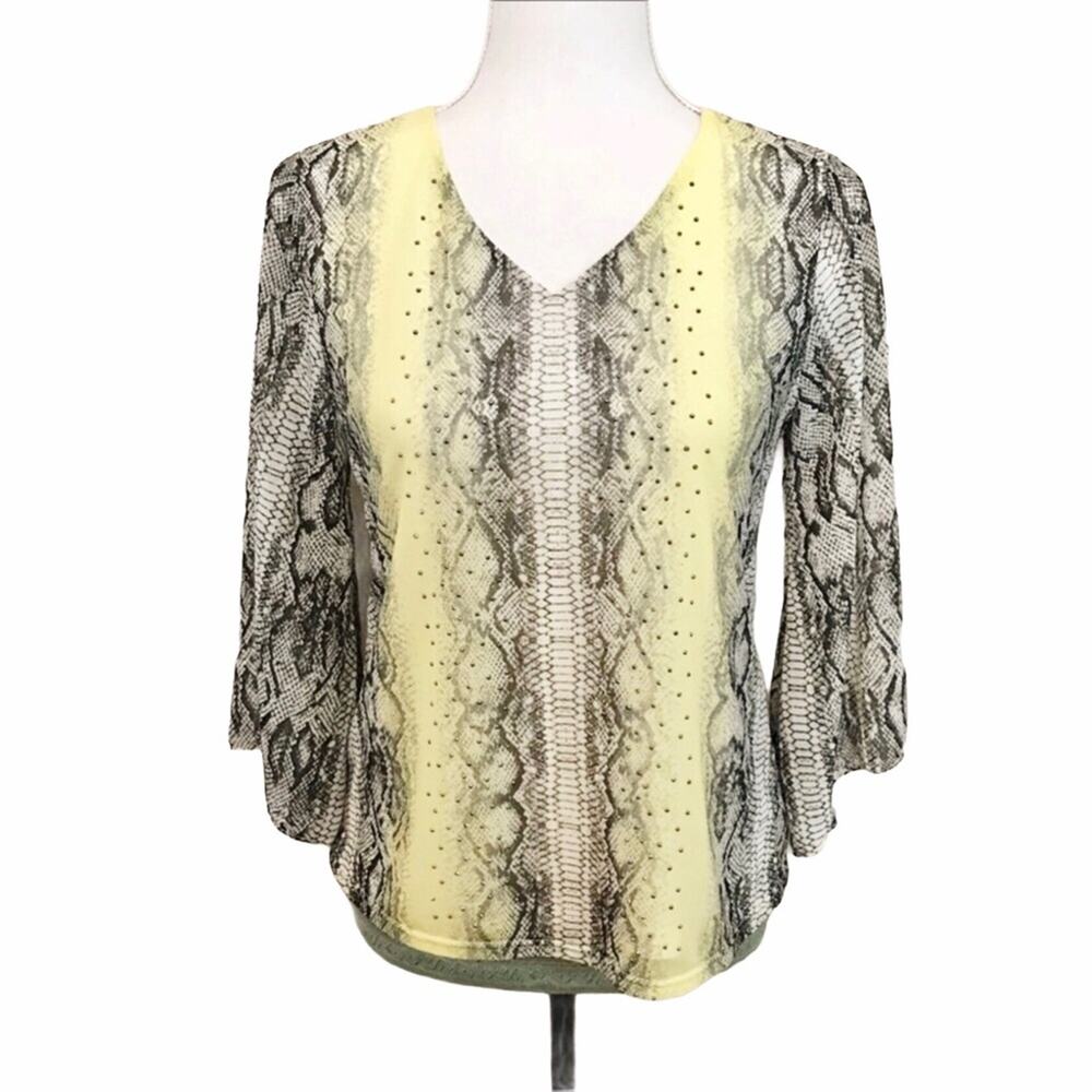 Alfani Yellow & Black Blouse Chiffon V-Neck Animal Print  3/4 Sleeves